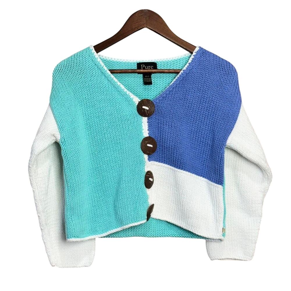 Teal Blue White Pure Handknit Sweater - Sz XS
